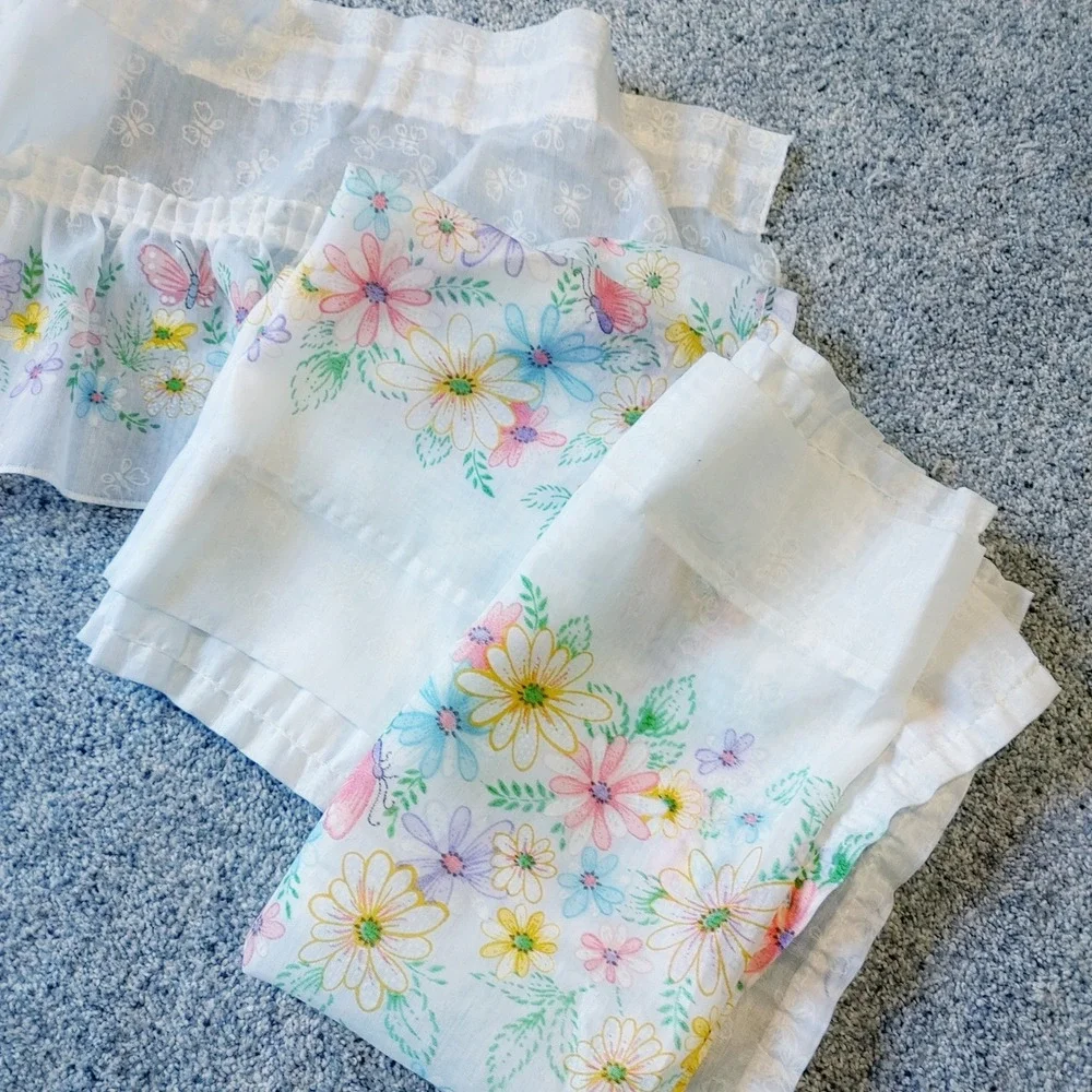 Vtg Whimsical White Sheer Floral Butterfly Curtain 2 Valance 2 Panels Pastel
